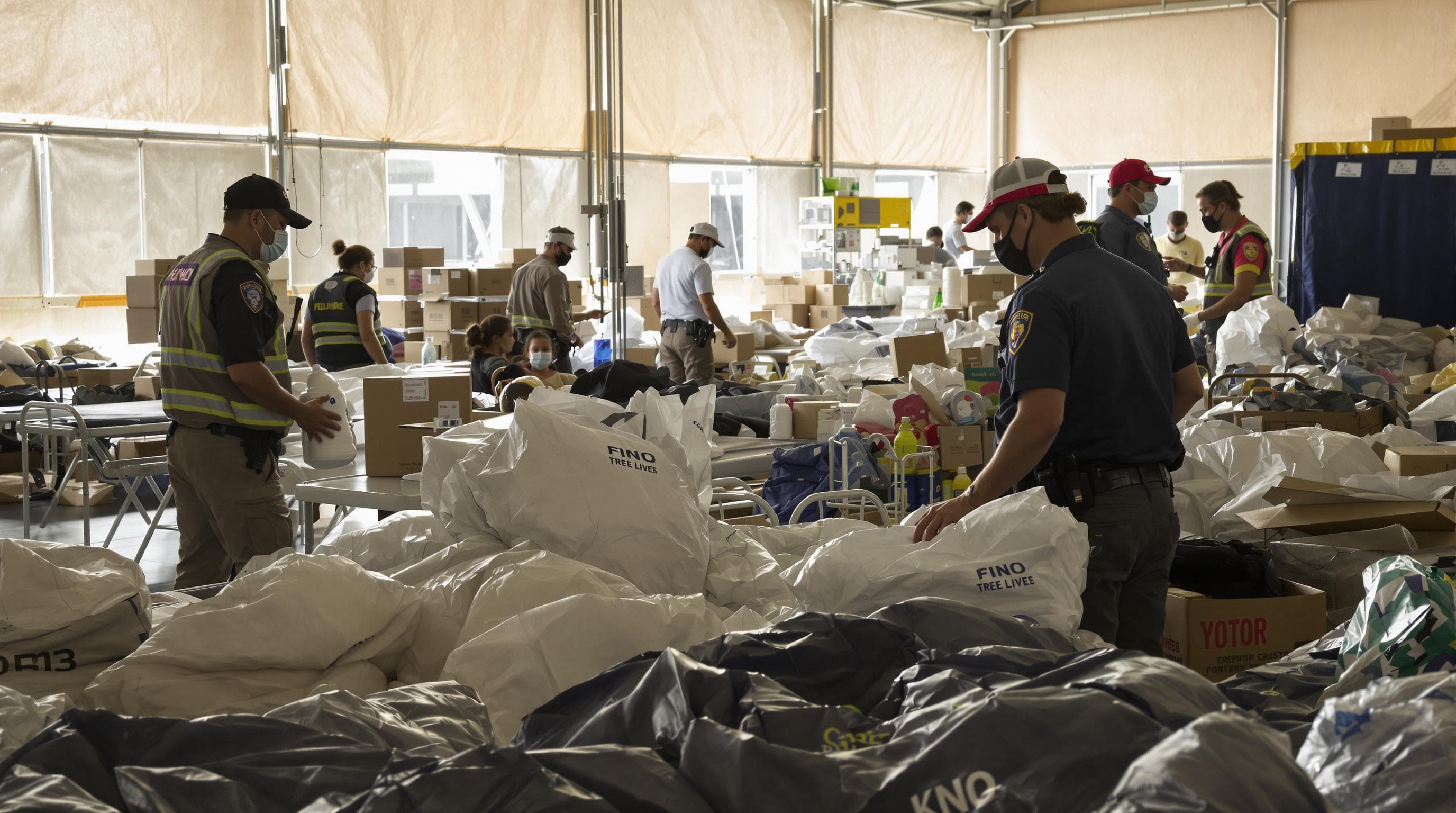 Emergency responders and social workers help displaced family in temporary shelter