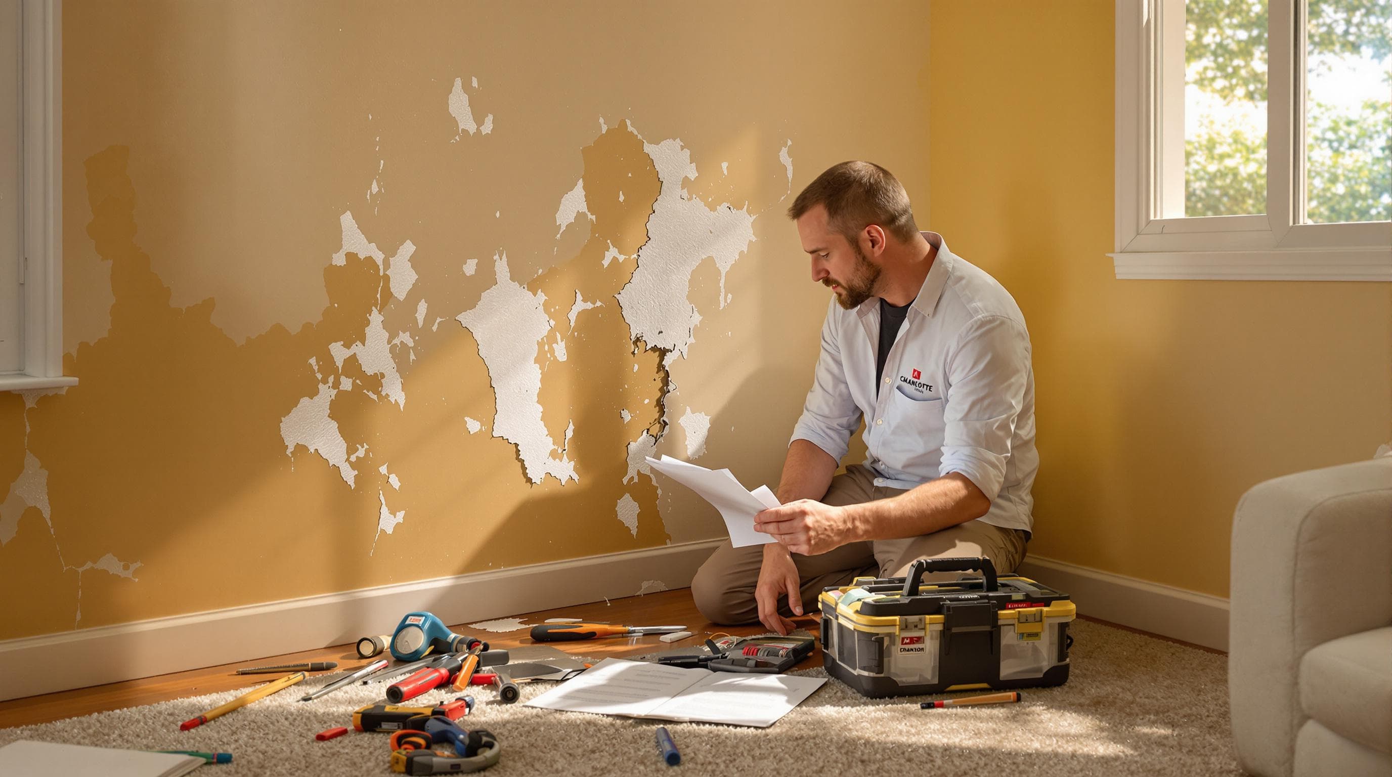 Charlotte homeowner inspects urgent water damage in living room