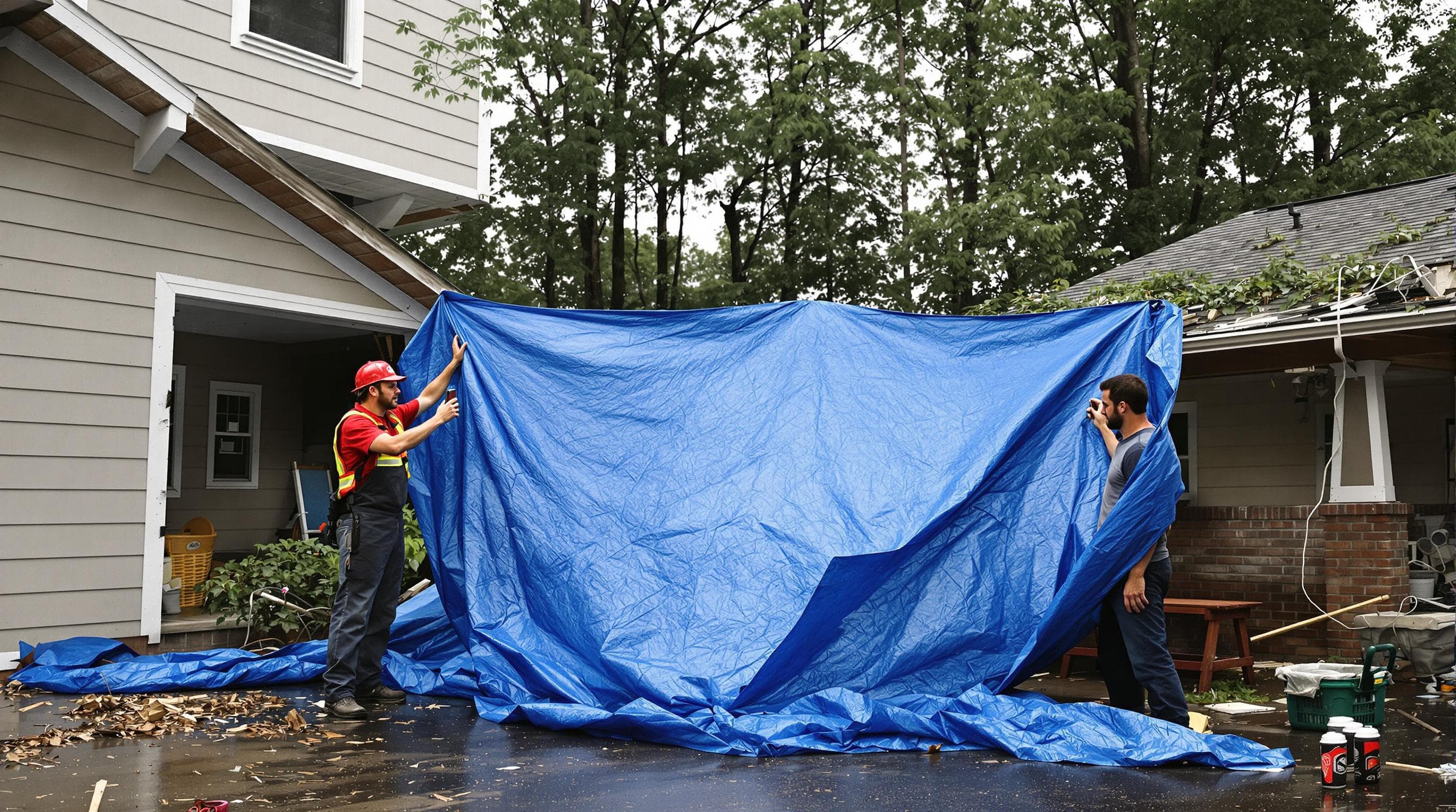 Contractor and homeowner secure tarp on roof while documenting damage
