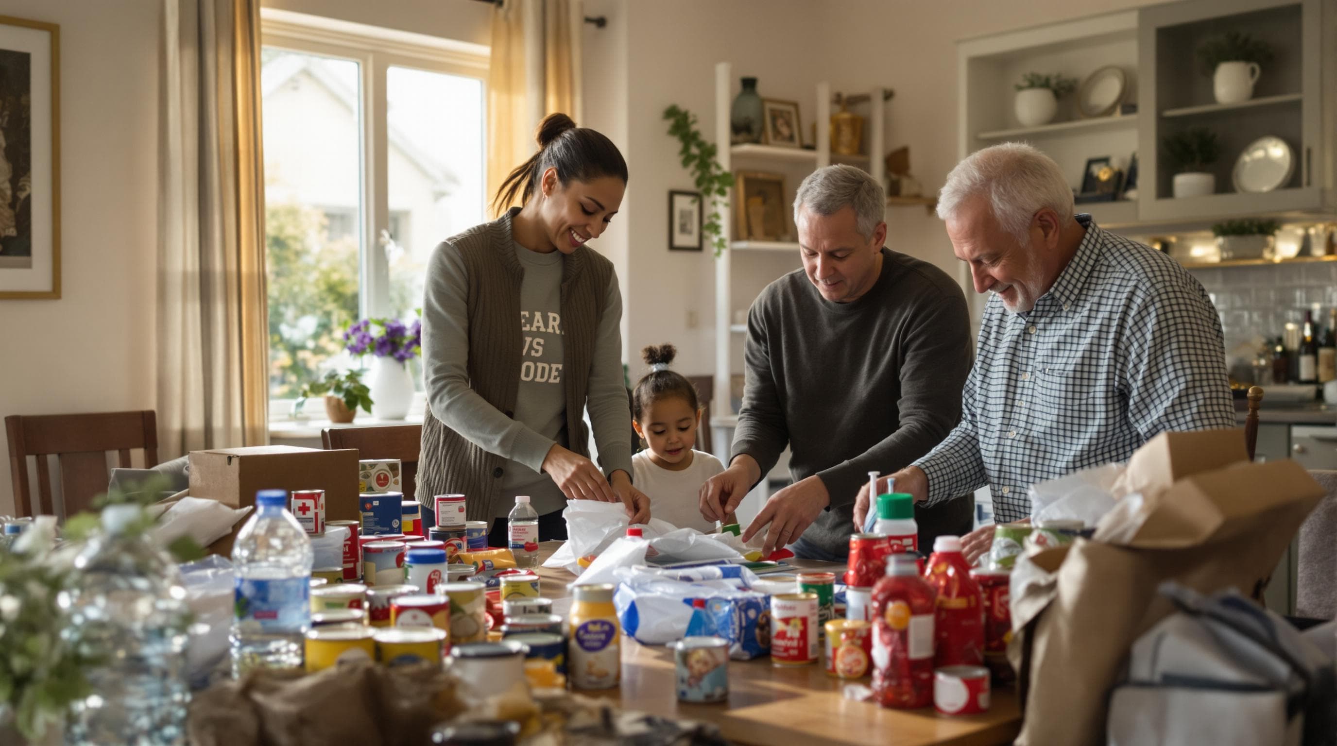 Family assembling emergency supplies together at home for preparedness