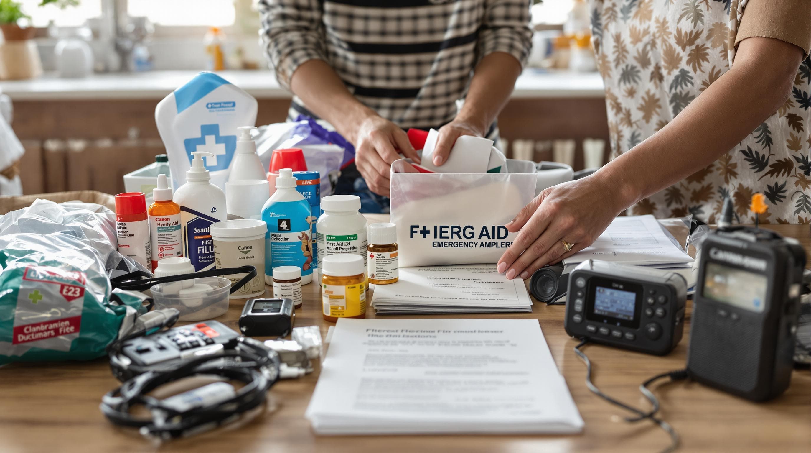 Essential emergency kit items and first aid supplies organized on table