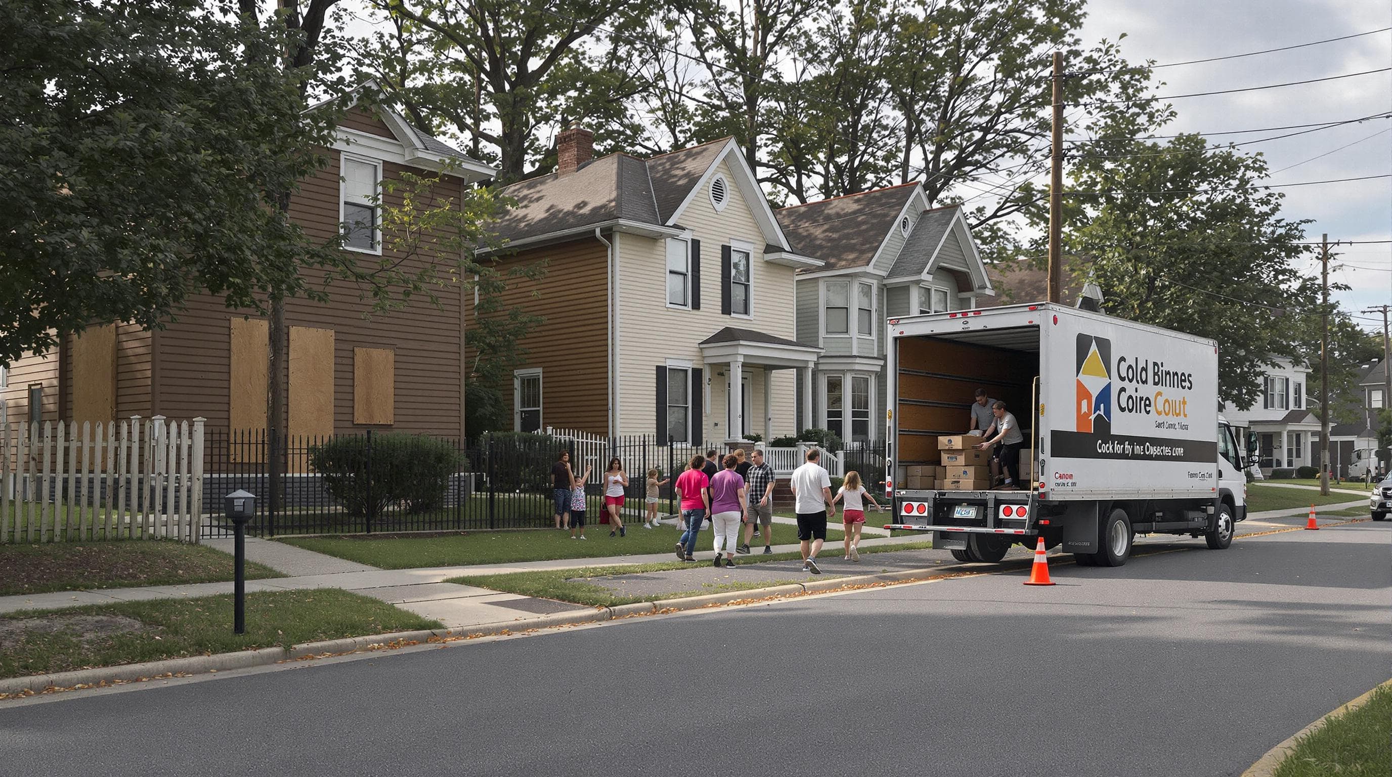 Neighborhood with families moving out and boarded homes, showing community disruption
