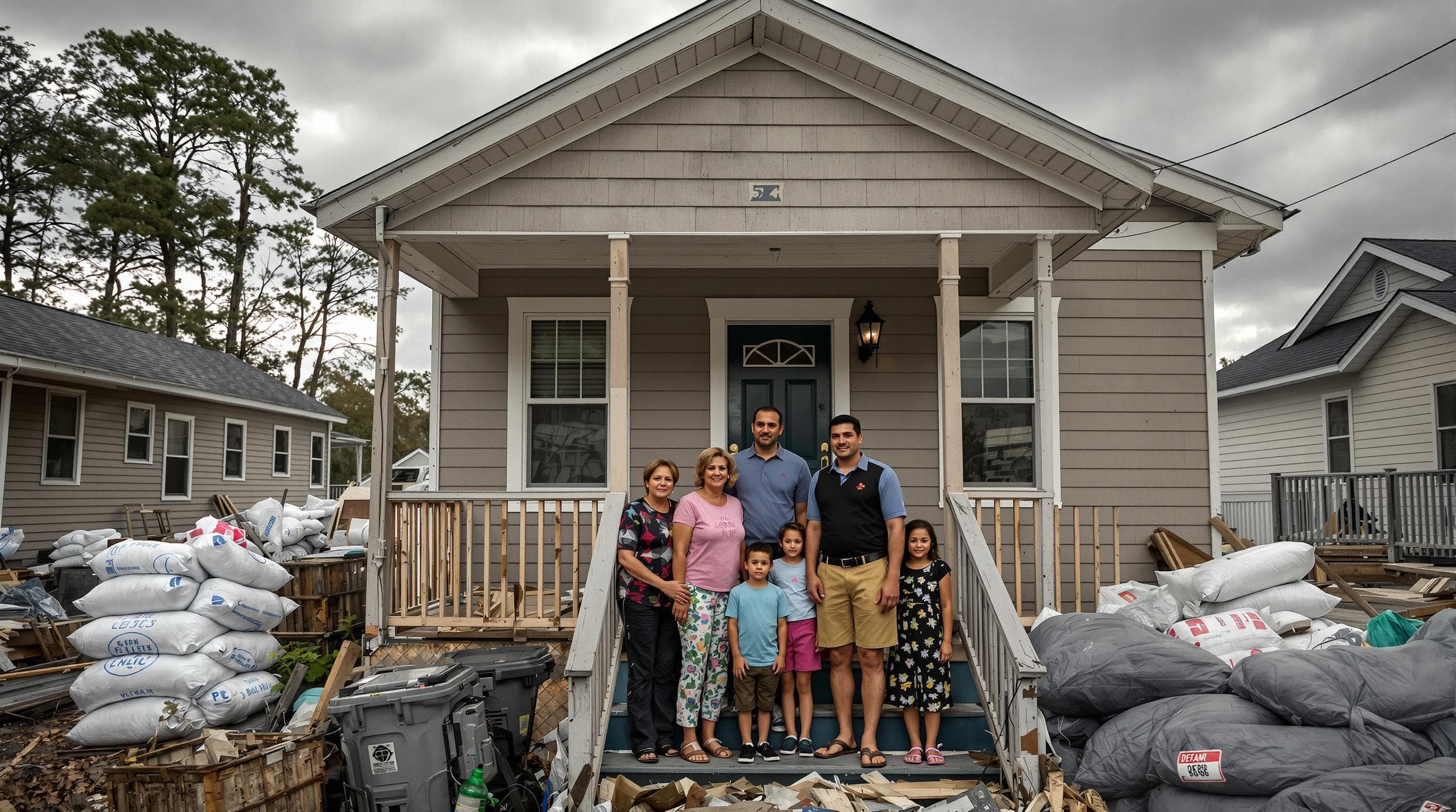Family on porch facing stormy sky, showing unity amid displacement risks