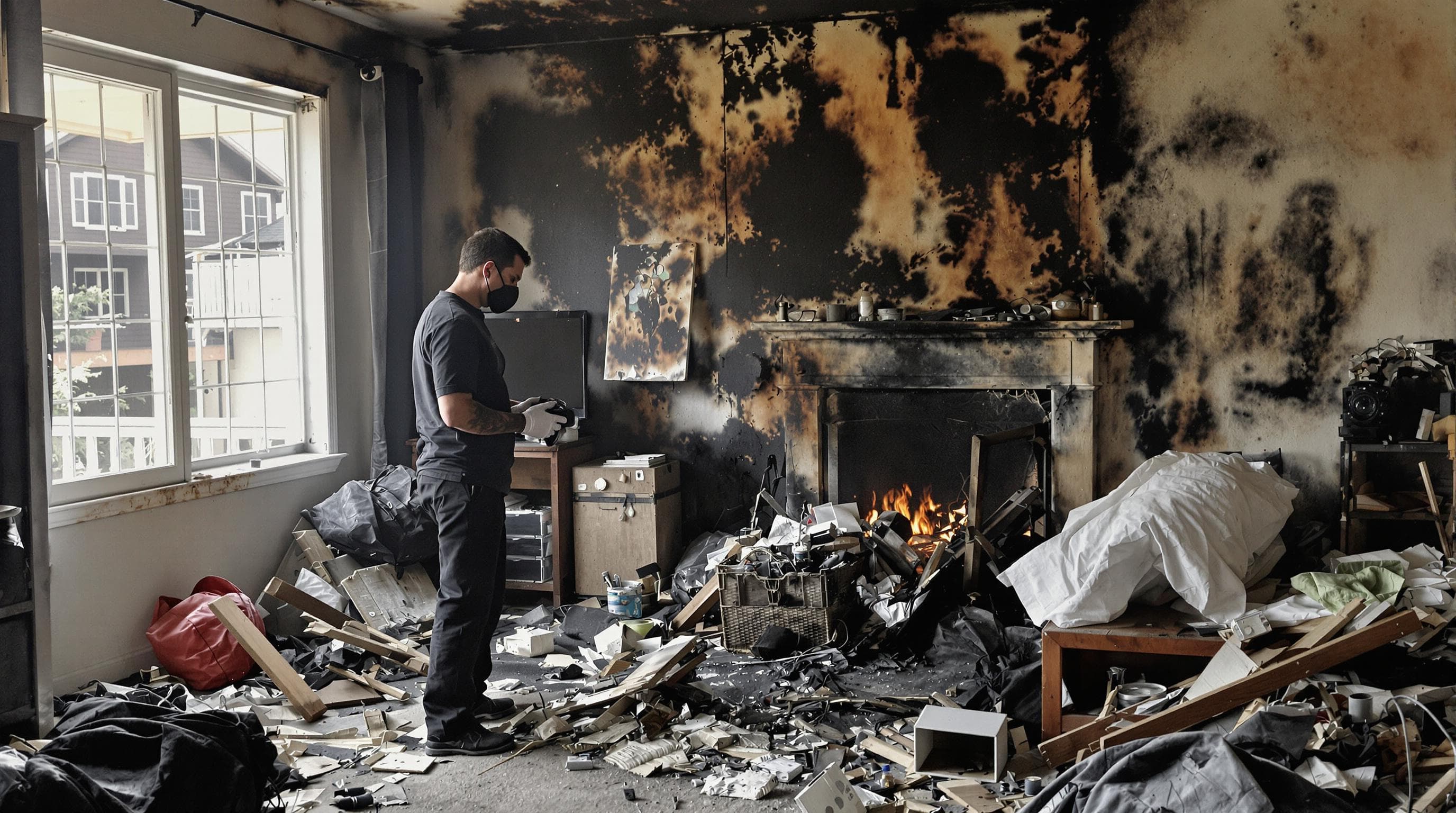 Homeowner photographing fire-damaged room for records