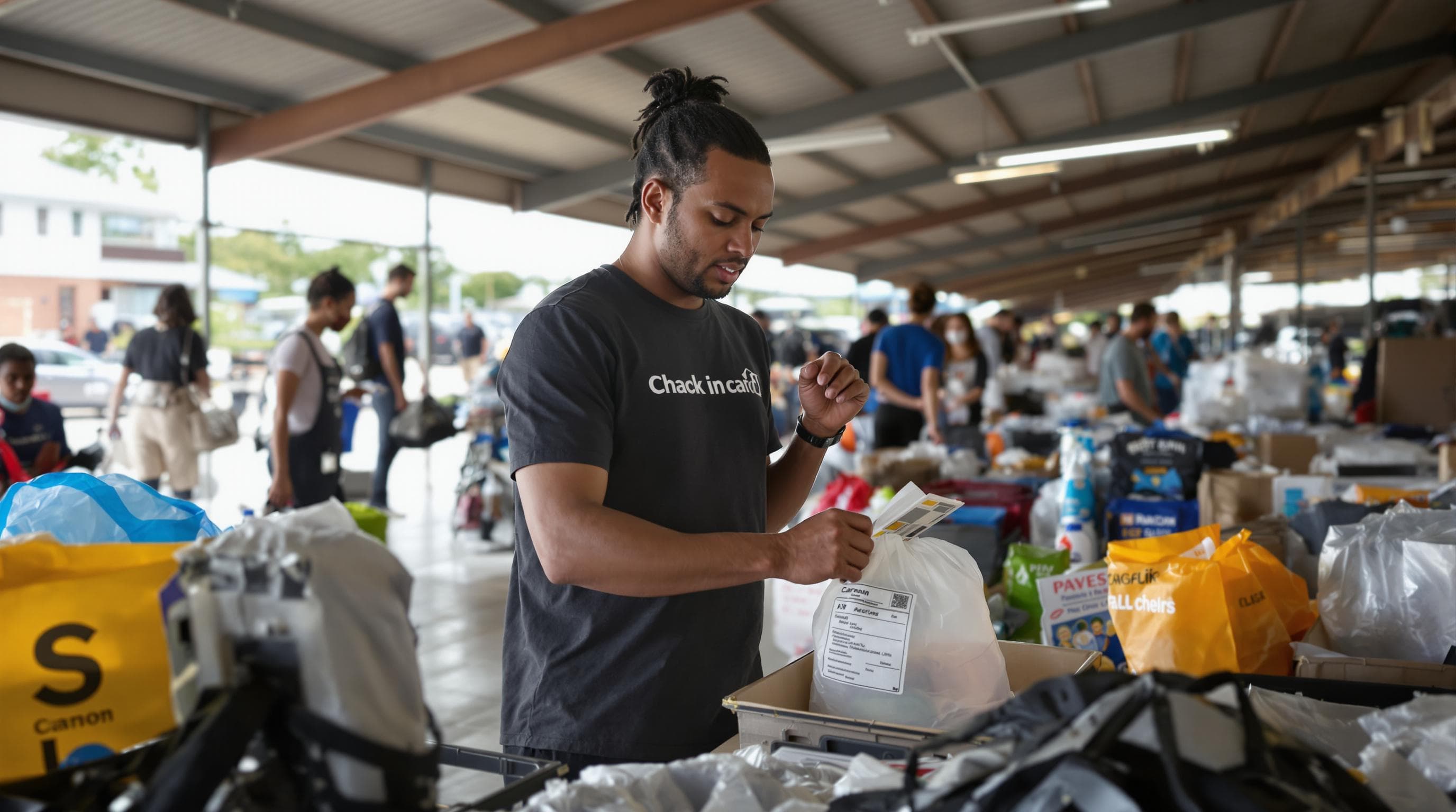Displaced person securing documents in community shelter