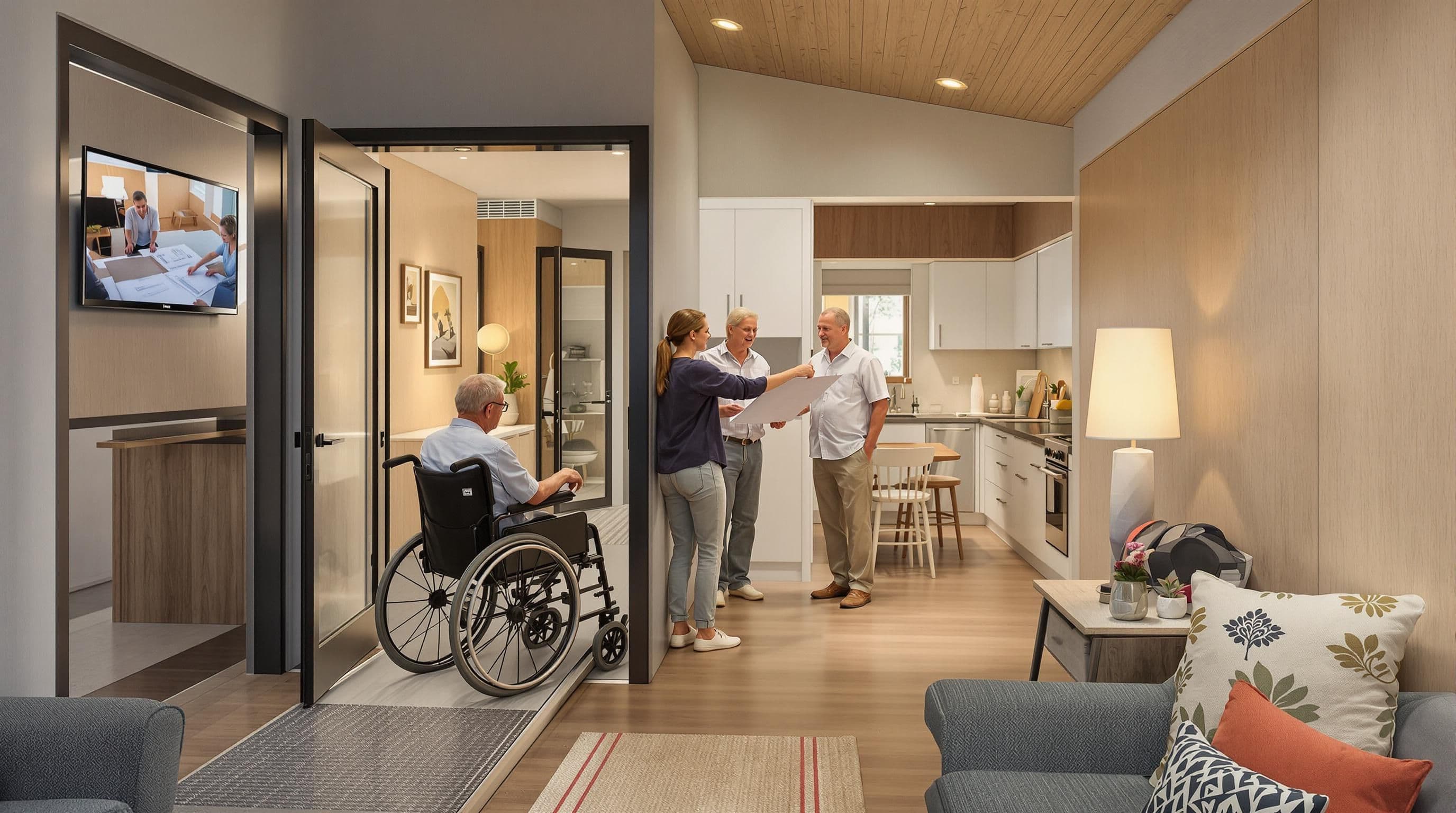 Inclusive temporary housing features ramp, adaptable layout, diverse residents