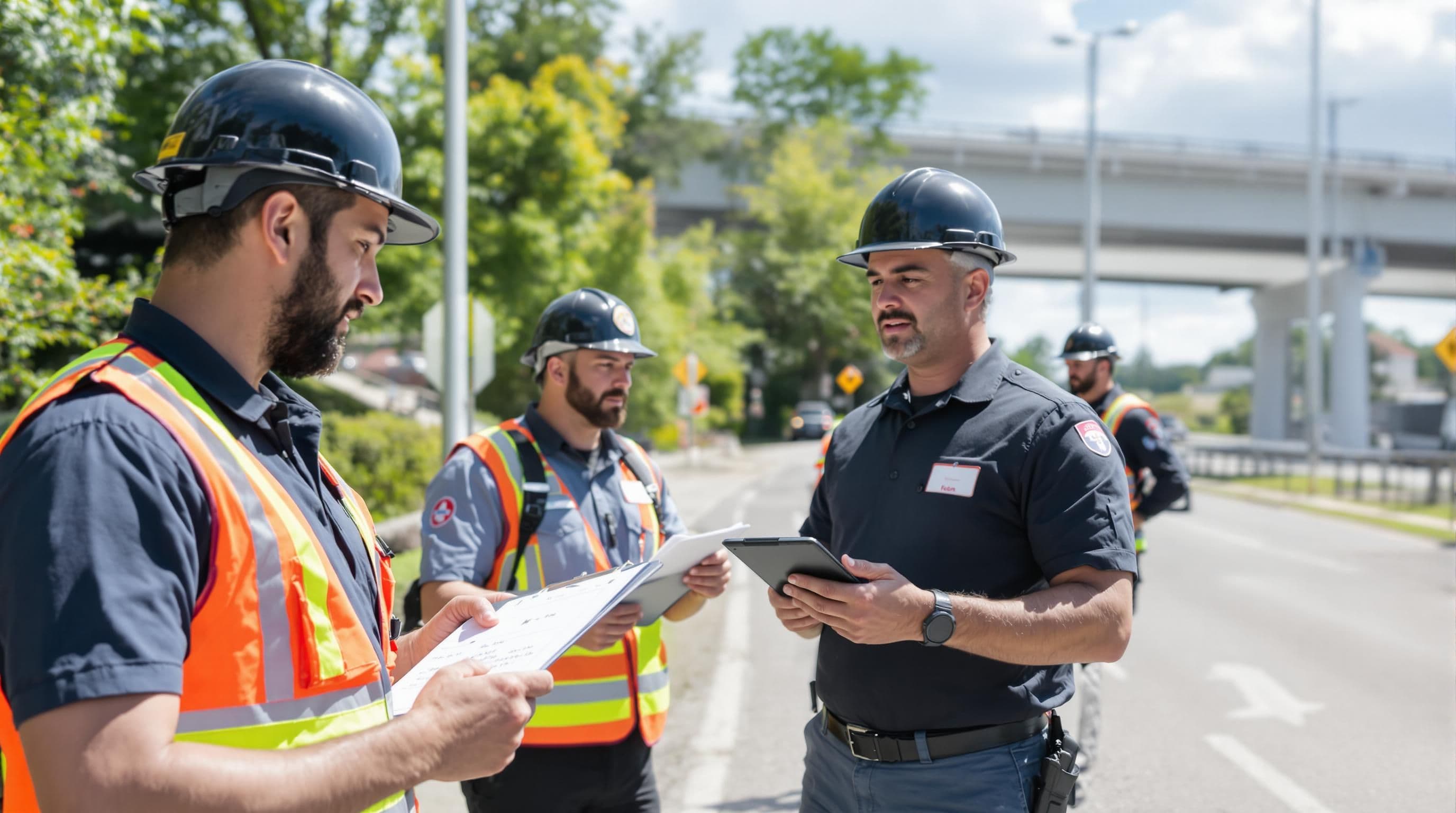 Emergency responders inspecting community infrastructure for hazards