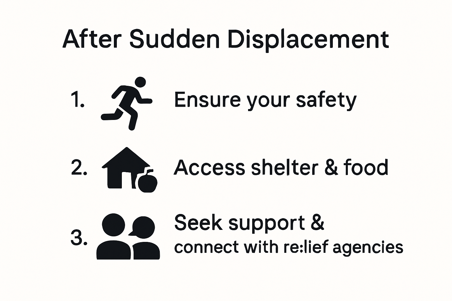 Infographic showing steps after sudden displacement for quick action.