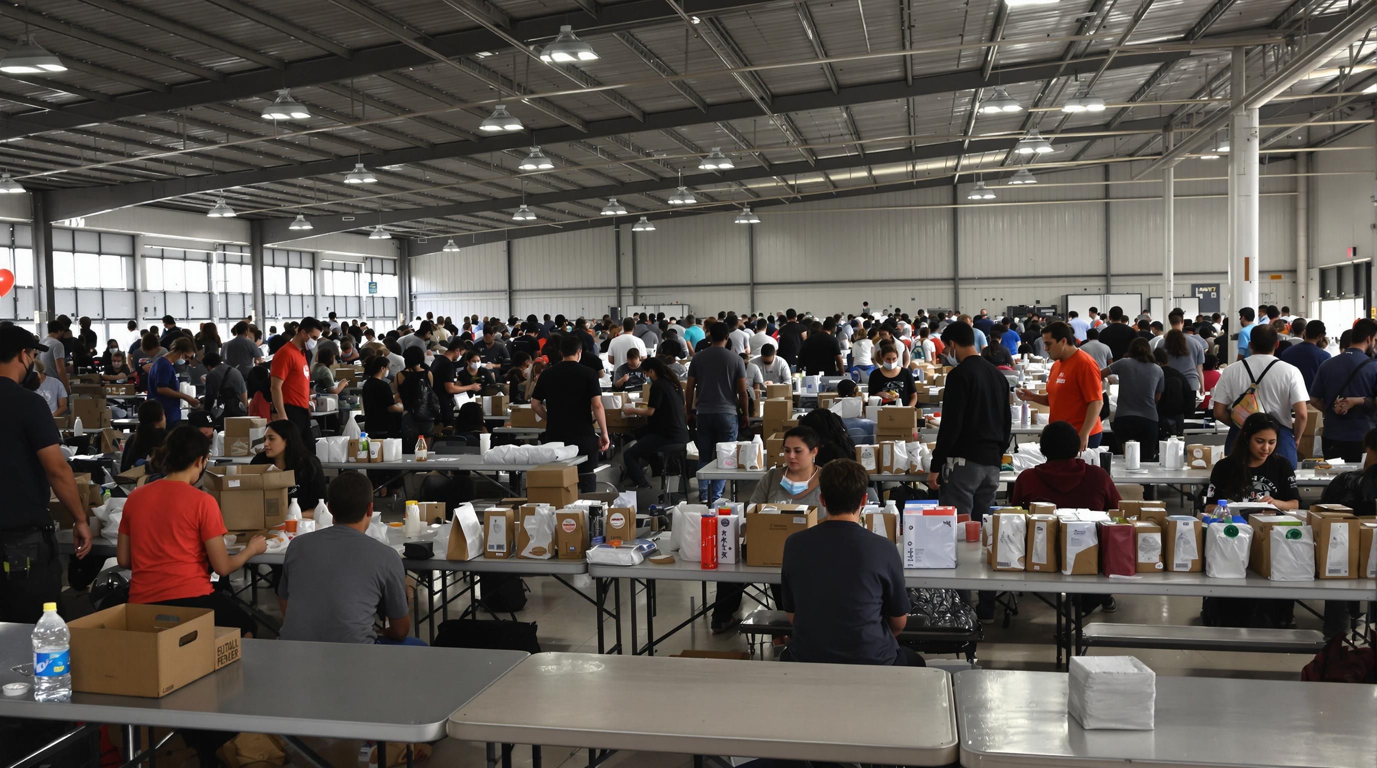 Volunteers distribute food to families in emergency shelter