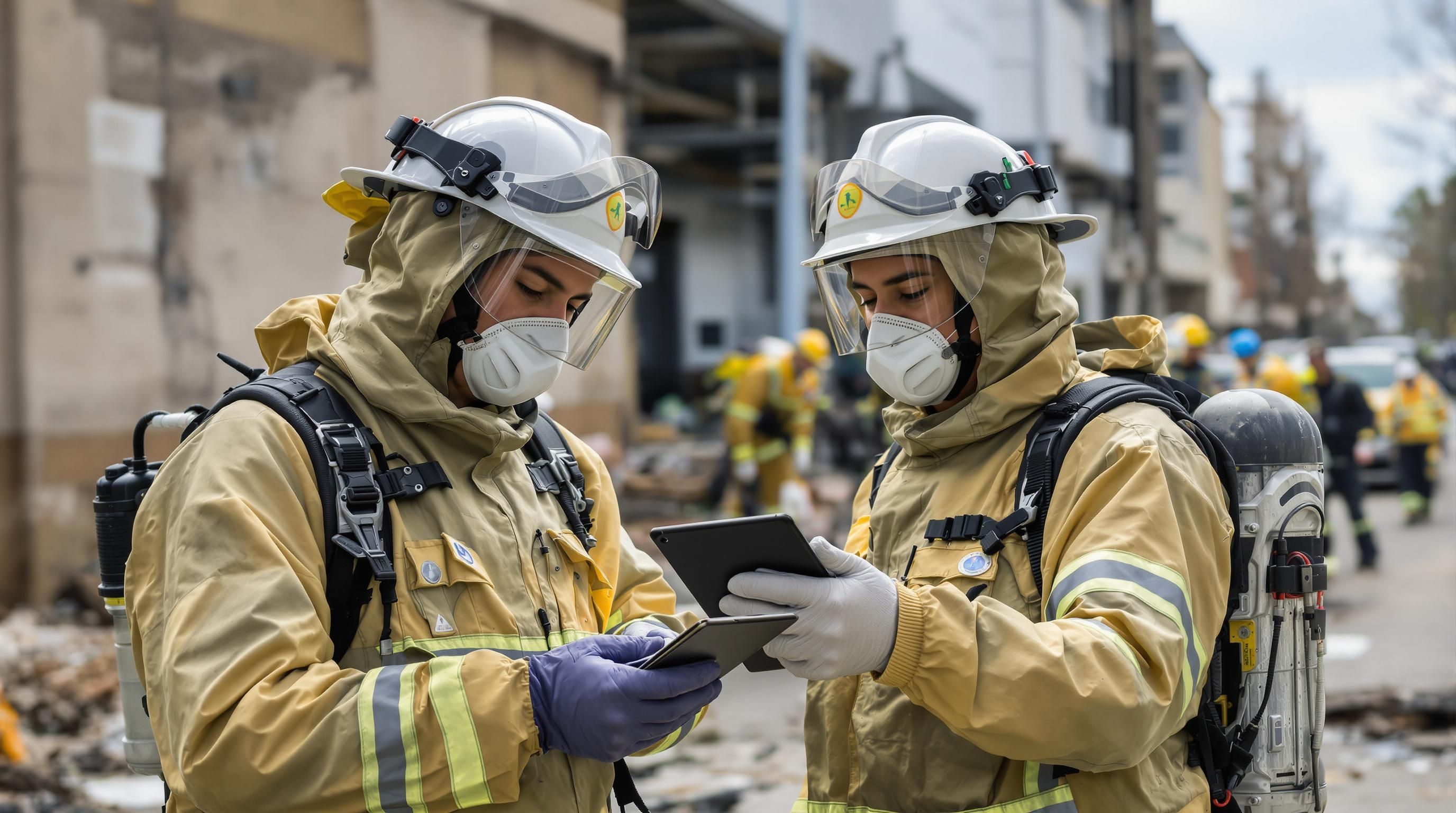 Responders assessing hazards and utilizing technology during emergency