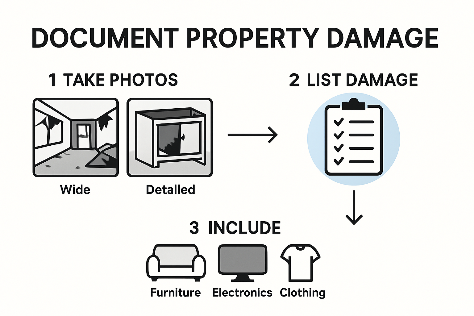 Infographic showing steps for documenting property damage after disaster