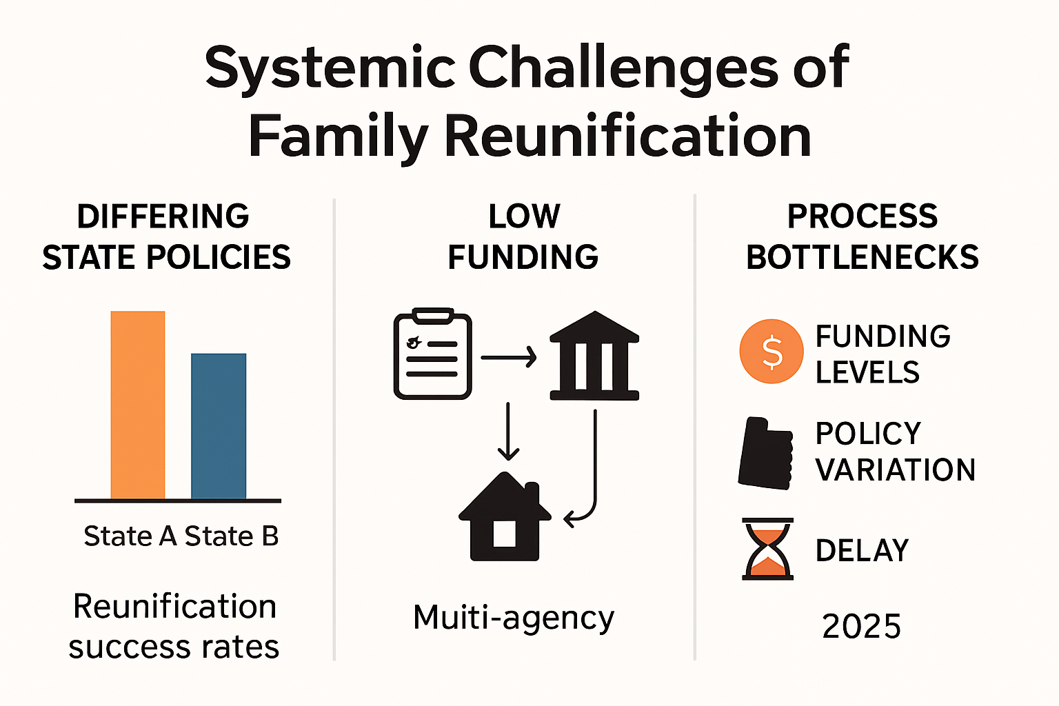 Infographic of systemic family reunification challenges and success rate comparisons