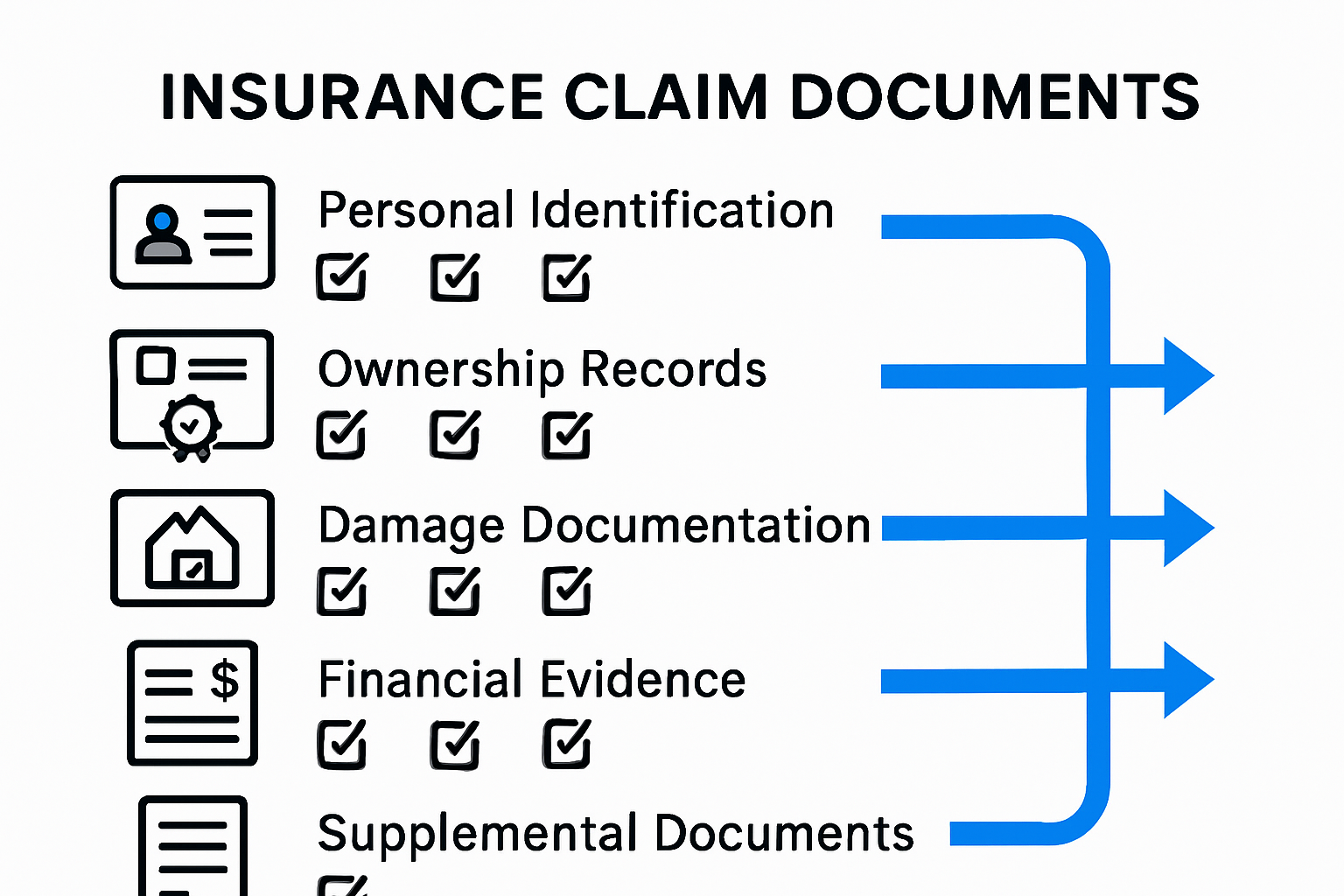 Visual infographic with checklist of essential insurance claim documents