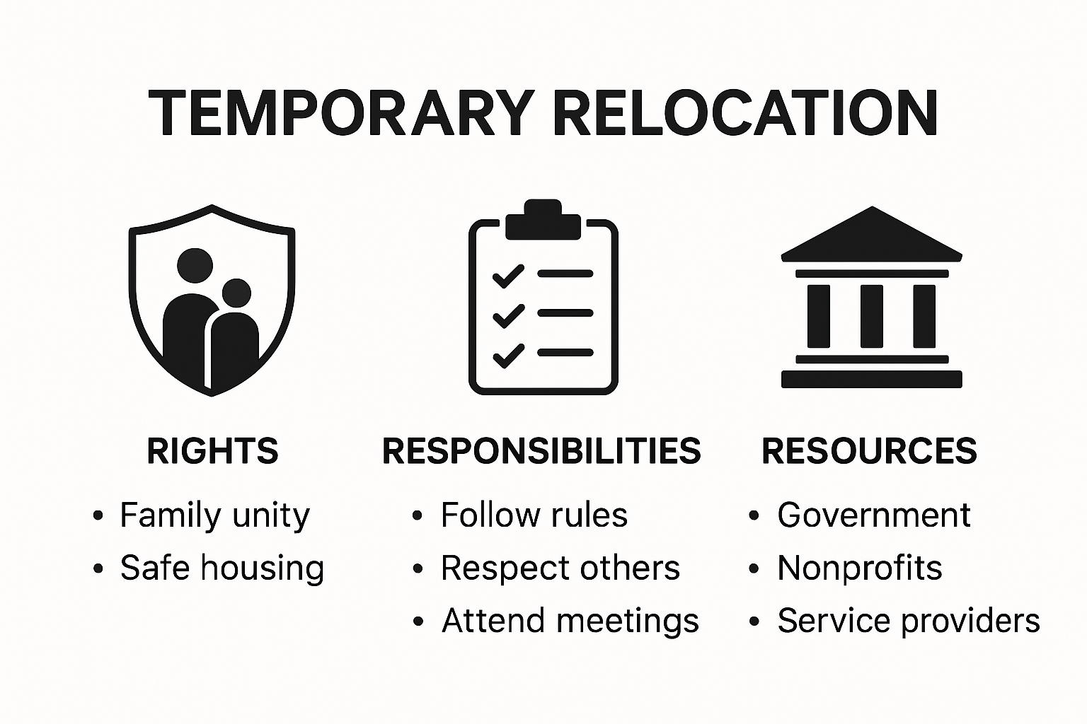 Infographic showing individual rights, resources, and stakeholder roles in temporary relocation