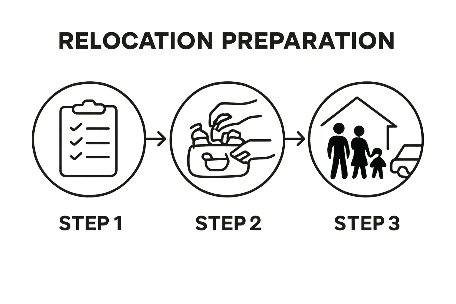 Three-step infographic showing assessment, packing supplies, and safe evacuation