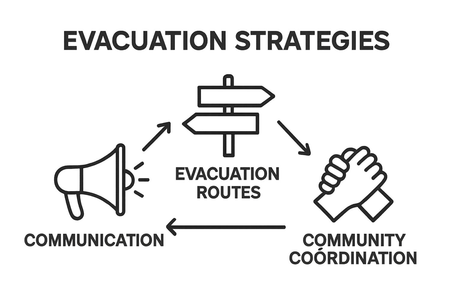 Three-icon infographic showing communication, routes, and community as evacuation keys