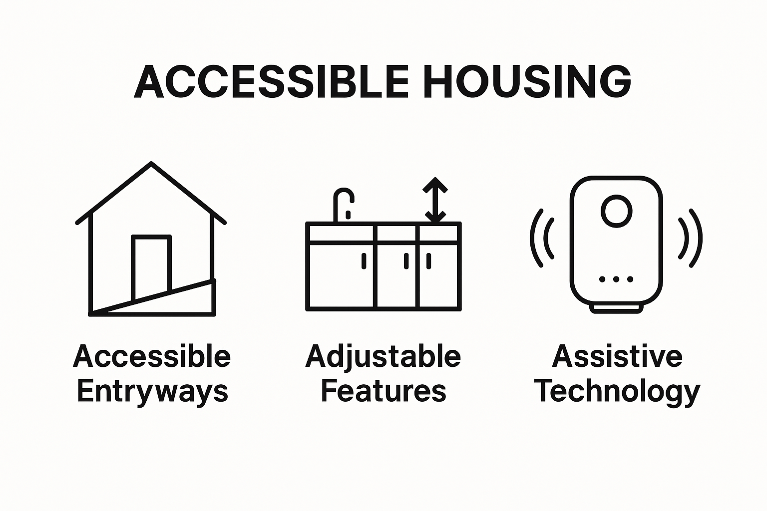 Icons showing ramp, adjustable counter, and smart device as housing accessibility features