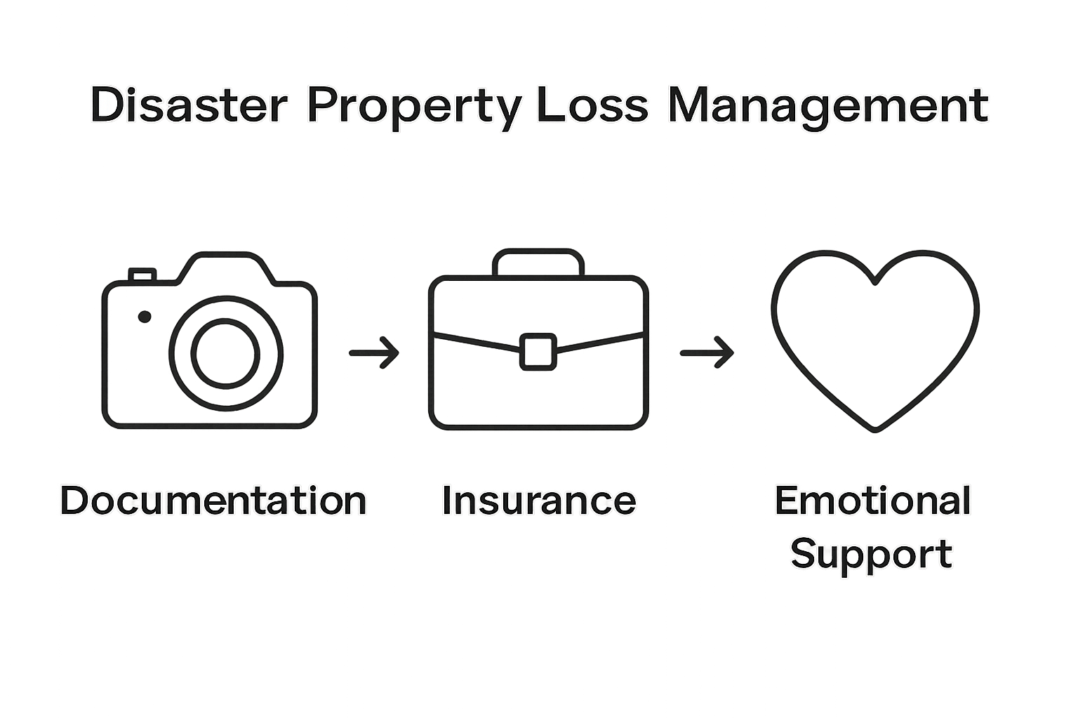 Three clear icons for documentation, insurance, and emotional support in property loss