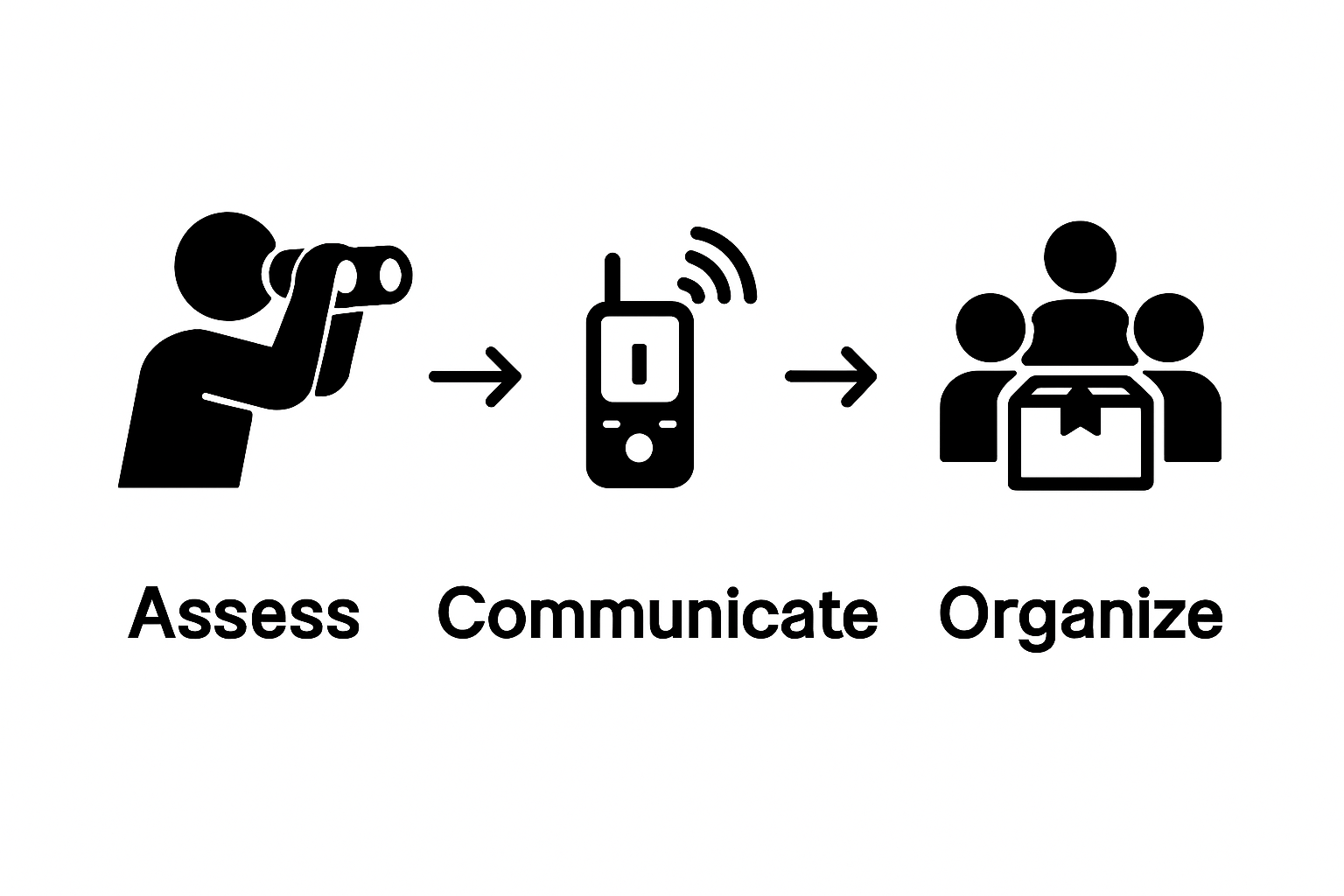 Visual workflow of assess, communicate, organize steps in disaster response