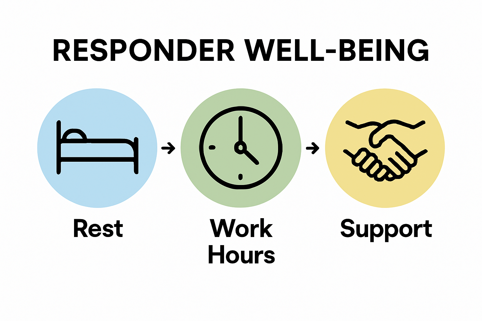 Three icons illustrate rest, work hours, and support for responder fatigue prevention