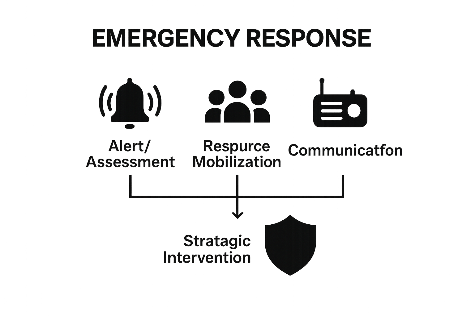 Emergency response workflow steps illustrated as simple icons in sequence