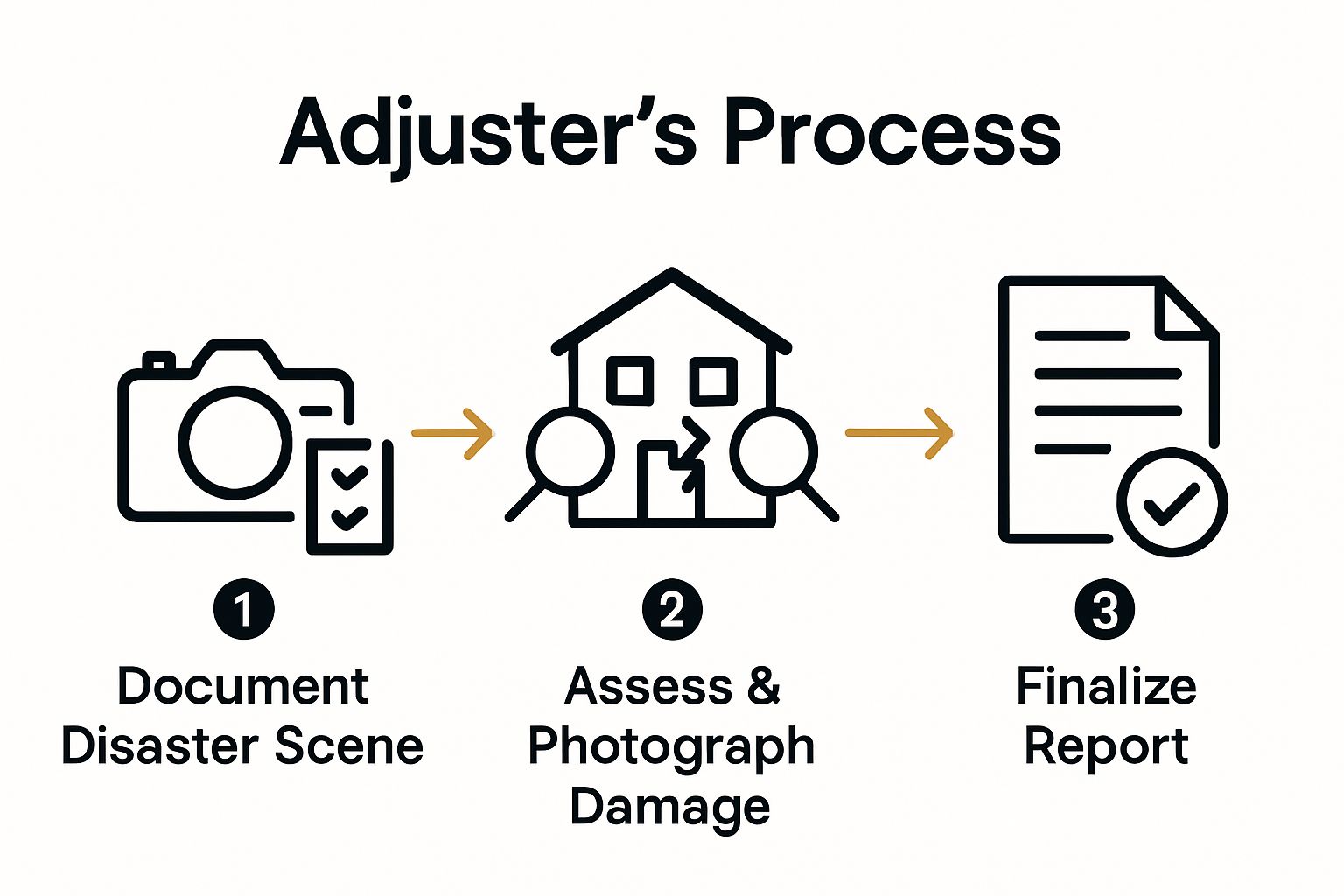 Infographic showing three-step disaster adjuster workflow with icons for documenting, assessing, and reporting.