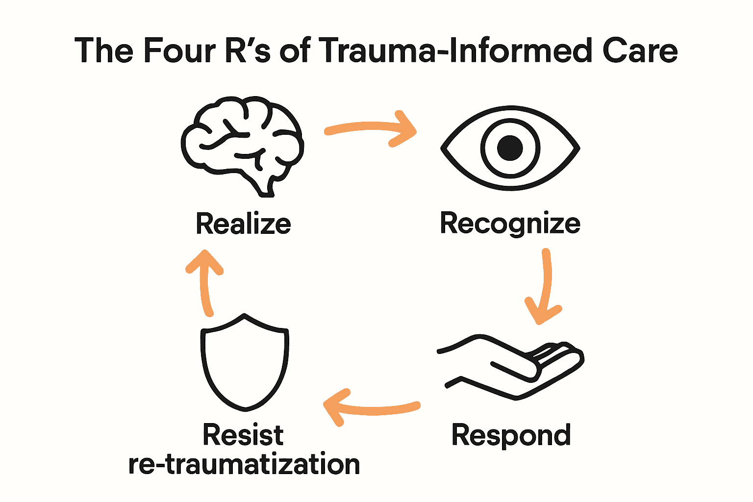 Infographic showing four R's of trauma informed care with icons and arrows