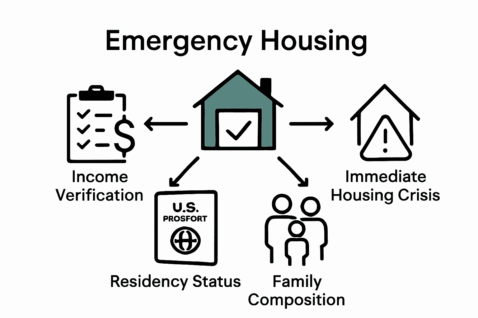 Infographic showing 4 core eligibility requirements for emergency housing programs in the USA.