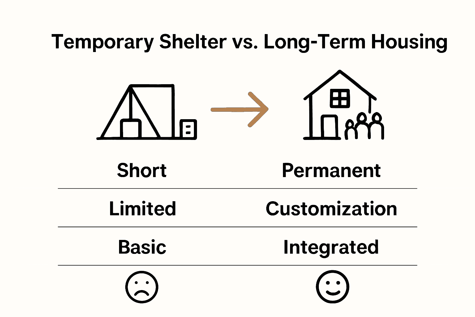 Temporary shelter vs long-term housing infographic comparison