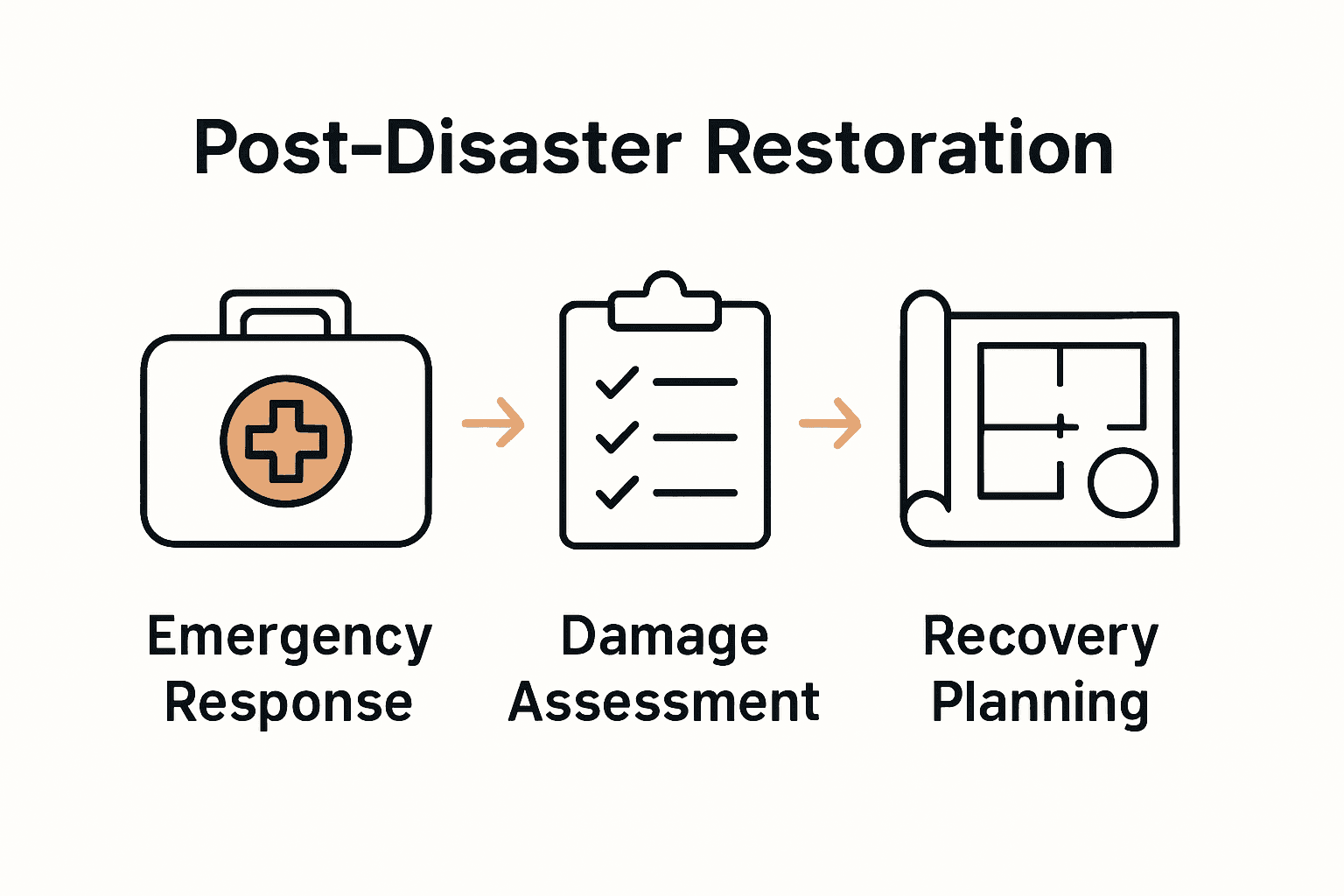 Post-disaster restoration process with three phases icons