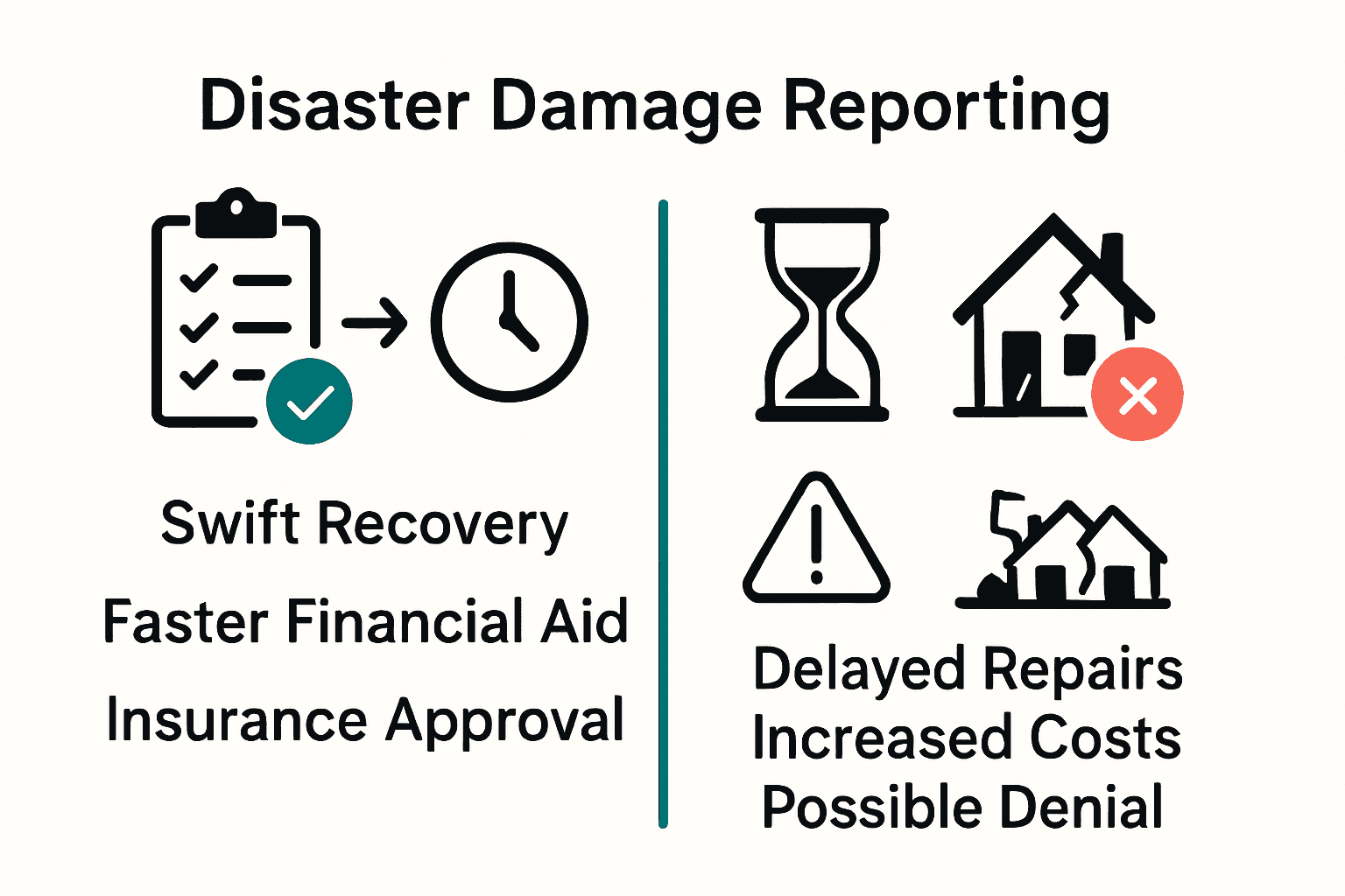 Infographic shows benefits of reporting disaster damage quickly versus consequences of delay.