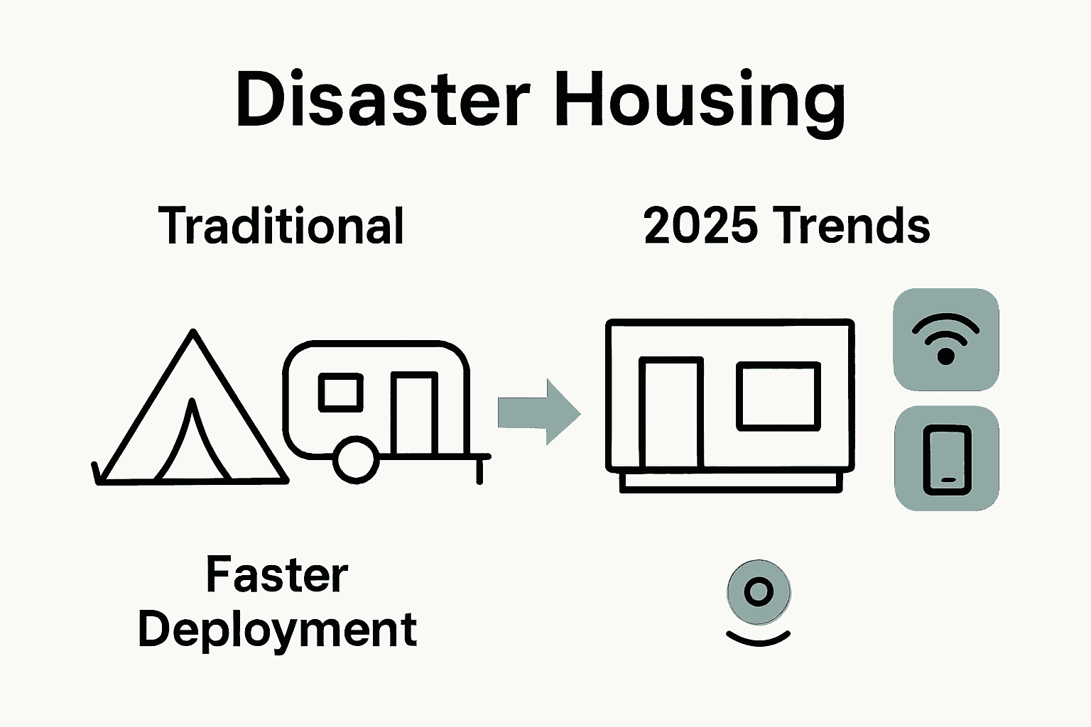 Infographic comparing traditional and 2025 disaster housing types visually