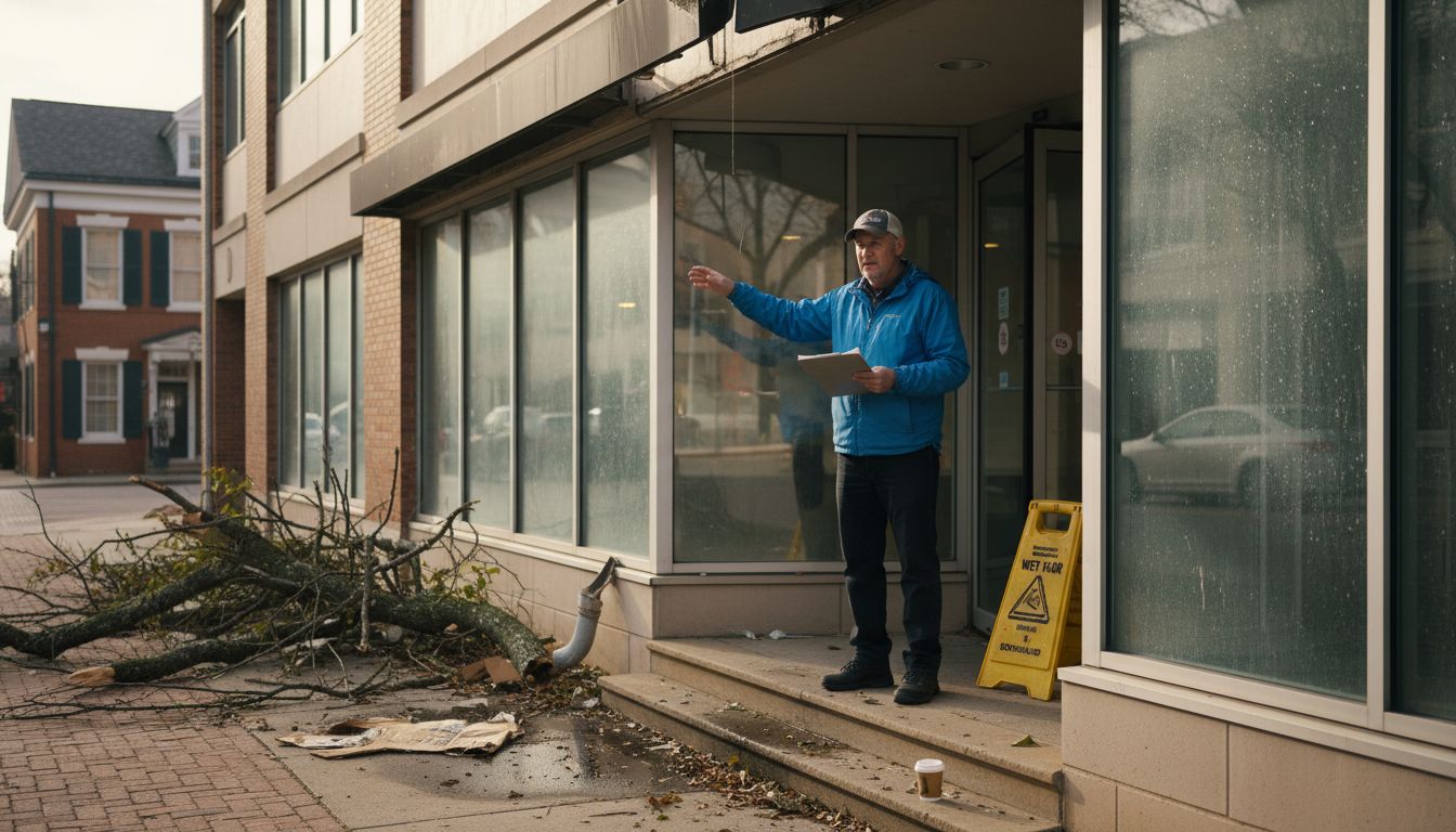 Building manager surveys post-disaster exterior