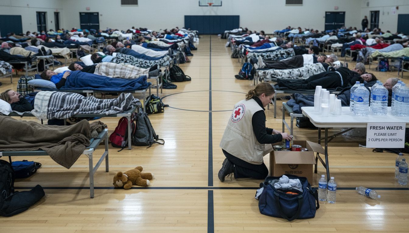 Emergency shelter with cots and volunteers