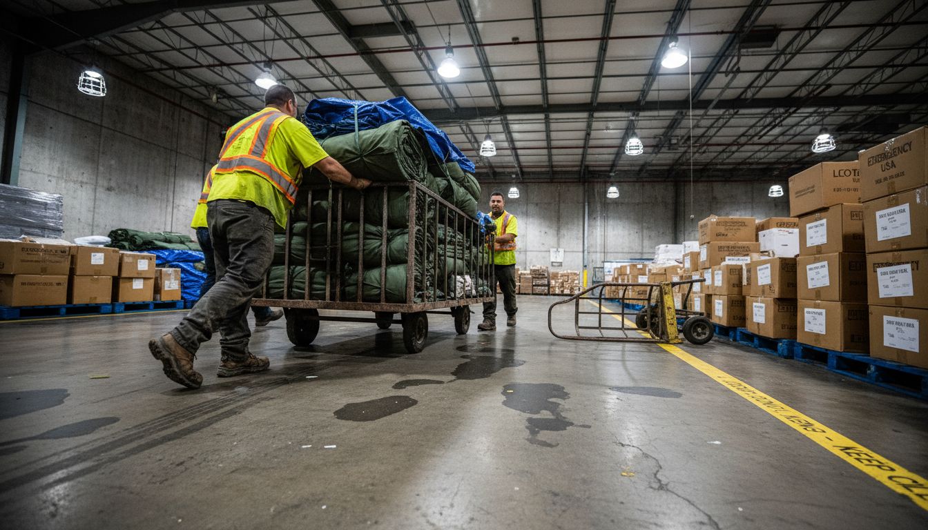 Relief workers move emergency housing supplies