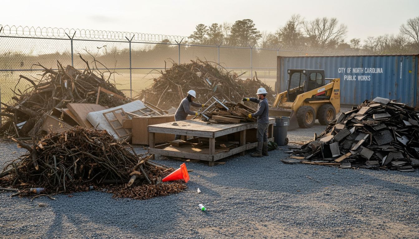 Organized disaster debris piles at collection site
