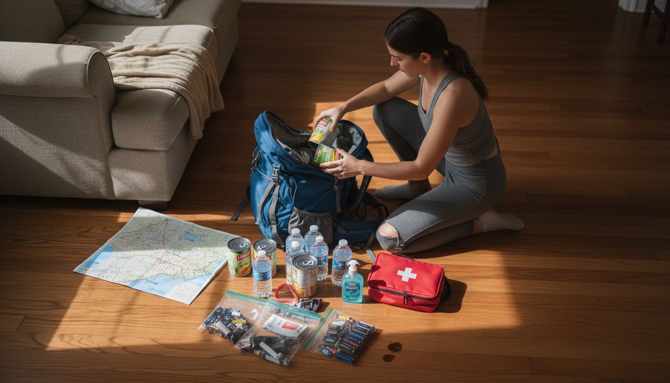 Organizing supplies for an emergency backpack