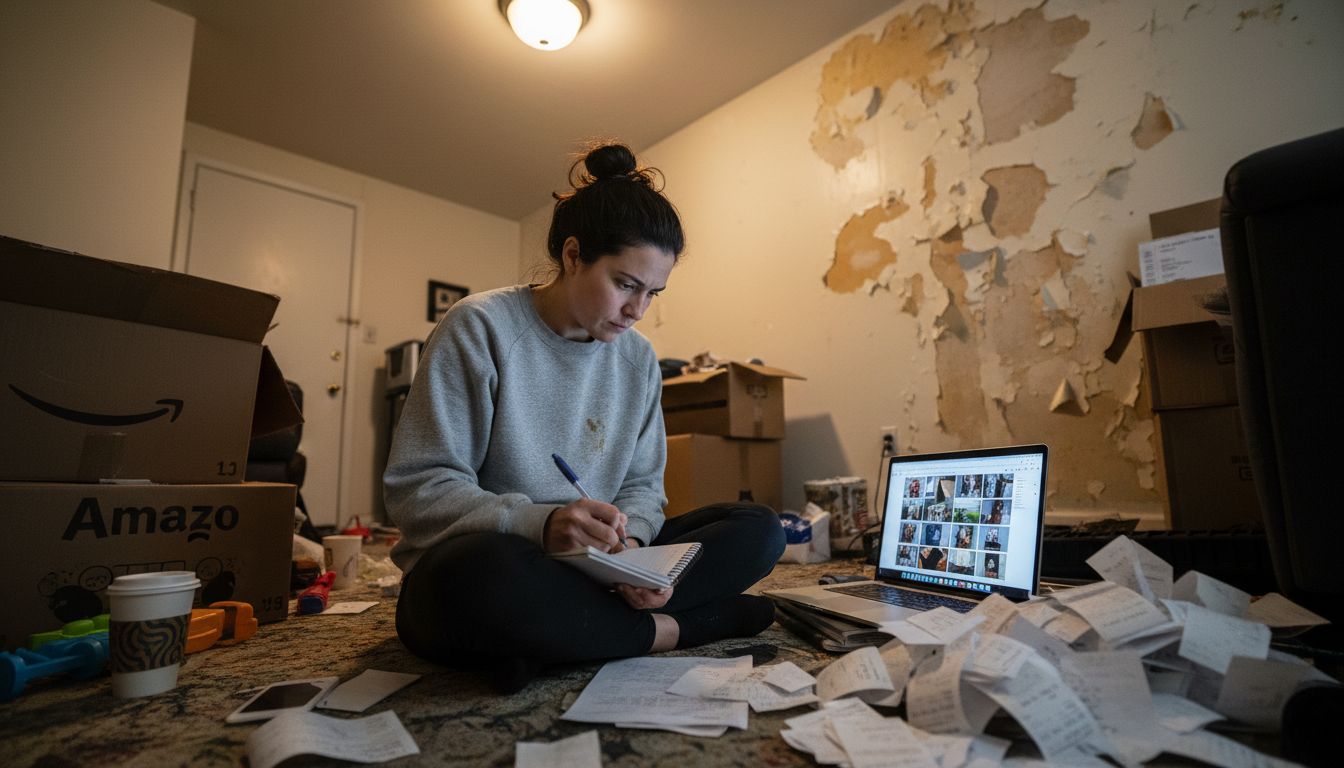 Woman listing damaged items after disaster