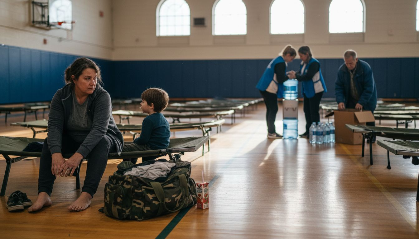 Temporary shelter scene in gymnasium