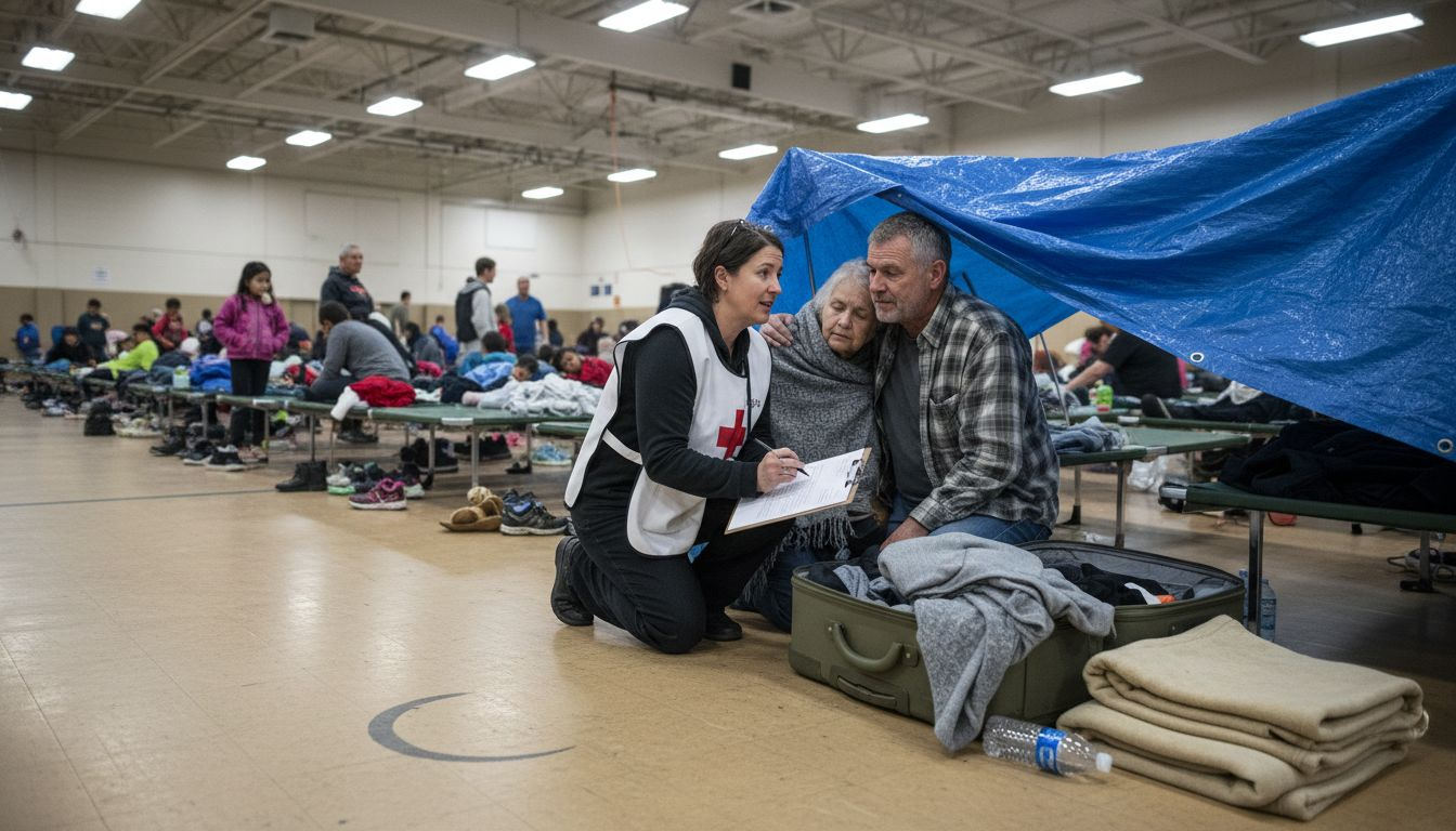 Displaced family receiving aid at emergency shelter