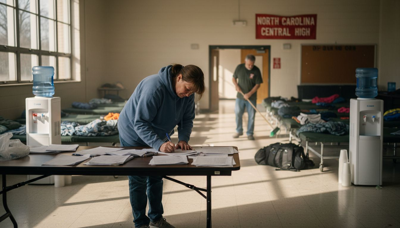 Shelter worker coordinating emergency housing paperwork