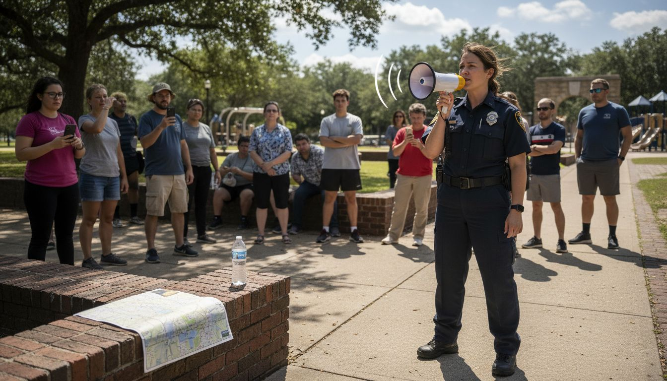 Emergency official delivering crisis message outdoors