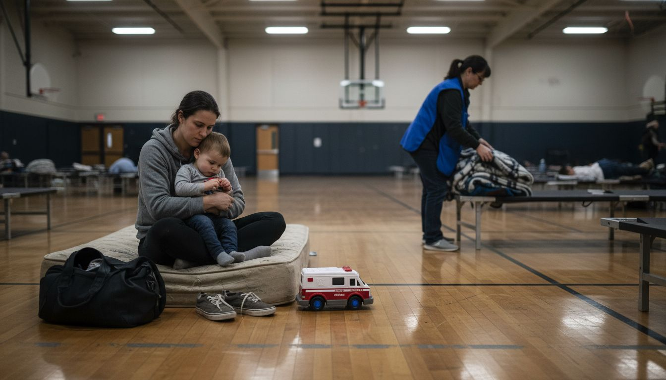 Family in temporary emergency housing setting