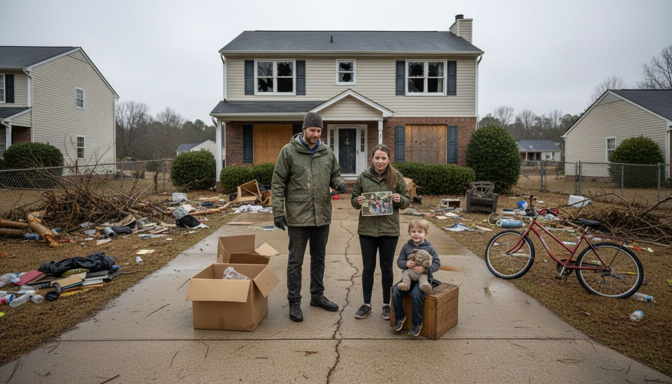 Flood survivors sorting belongings in damaged yard