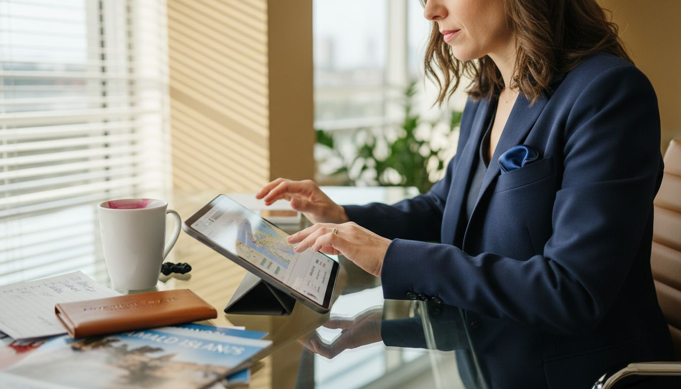 Consultant planning travel at glass desk