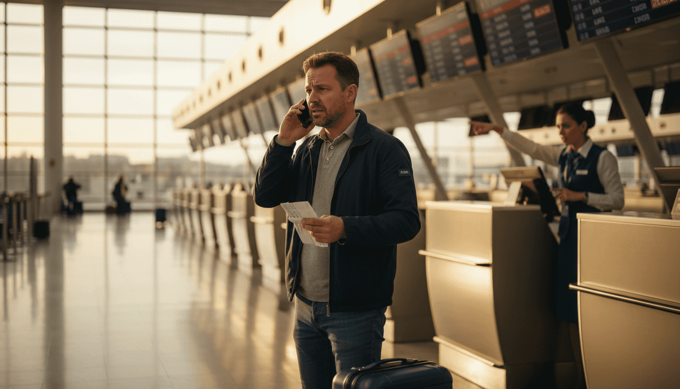 Traveler calling advisor amid airport disruption