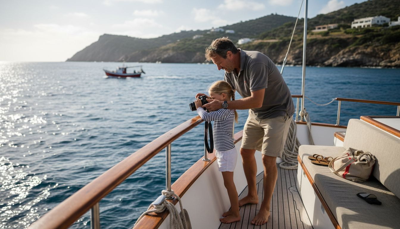 Family capturing memories on yacht deck