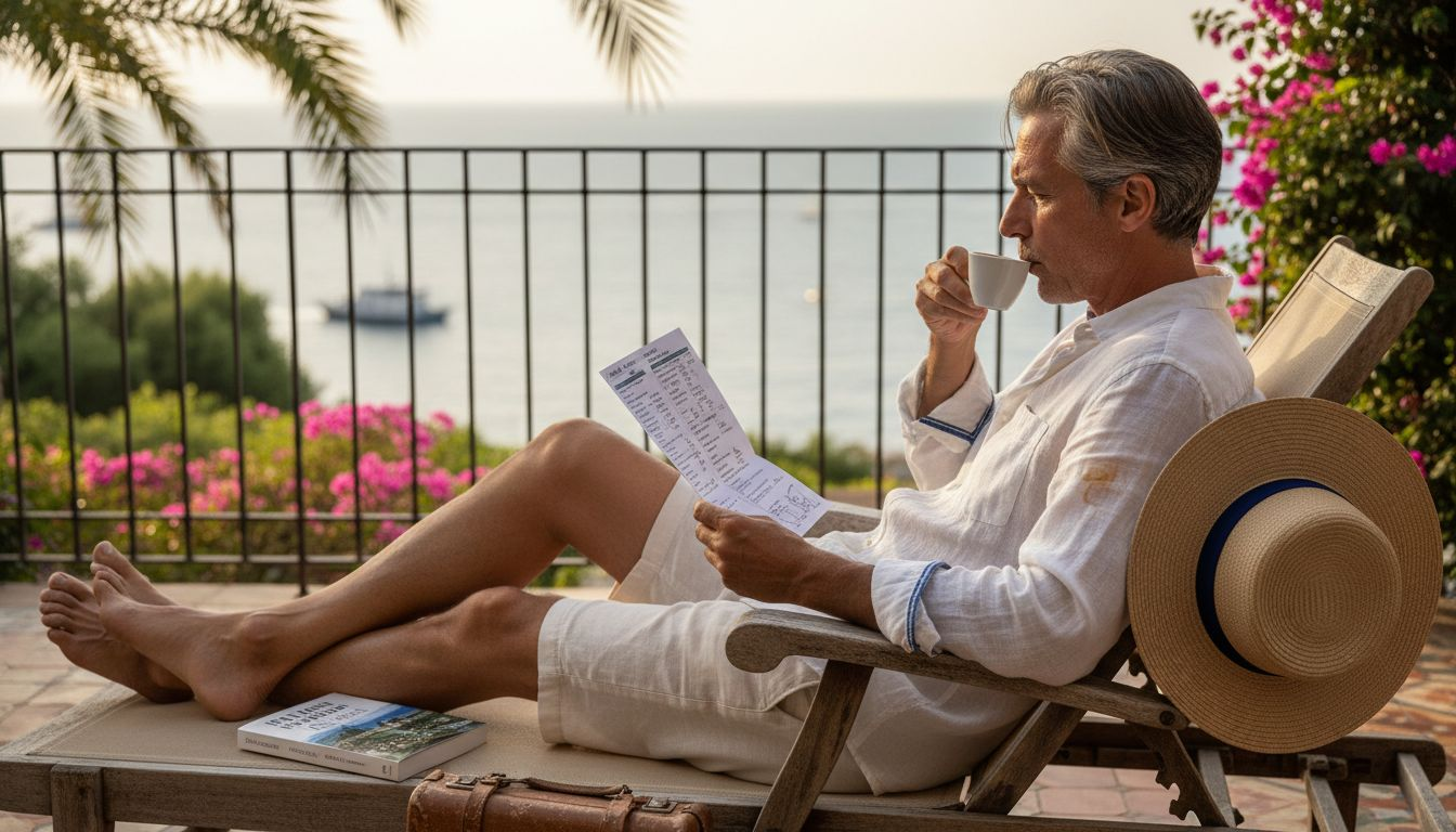 Traveler reviewing personalized itinerary by ocean