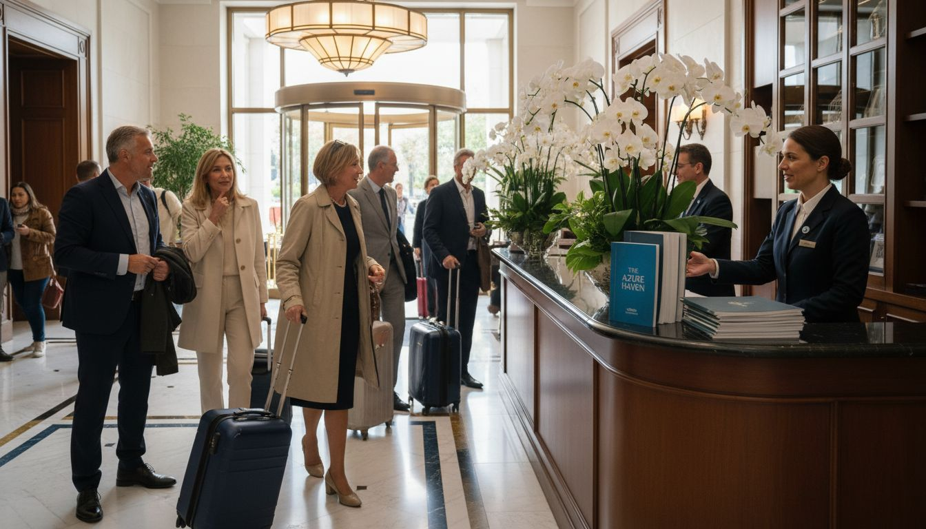Travel group arriving at luxury hotel lobby