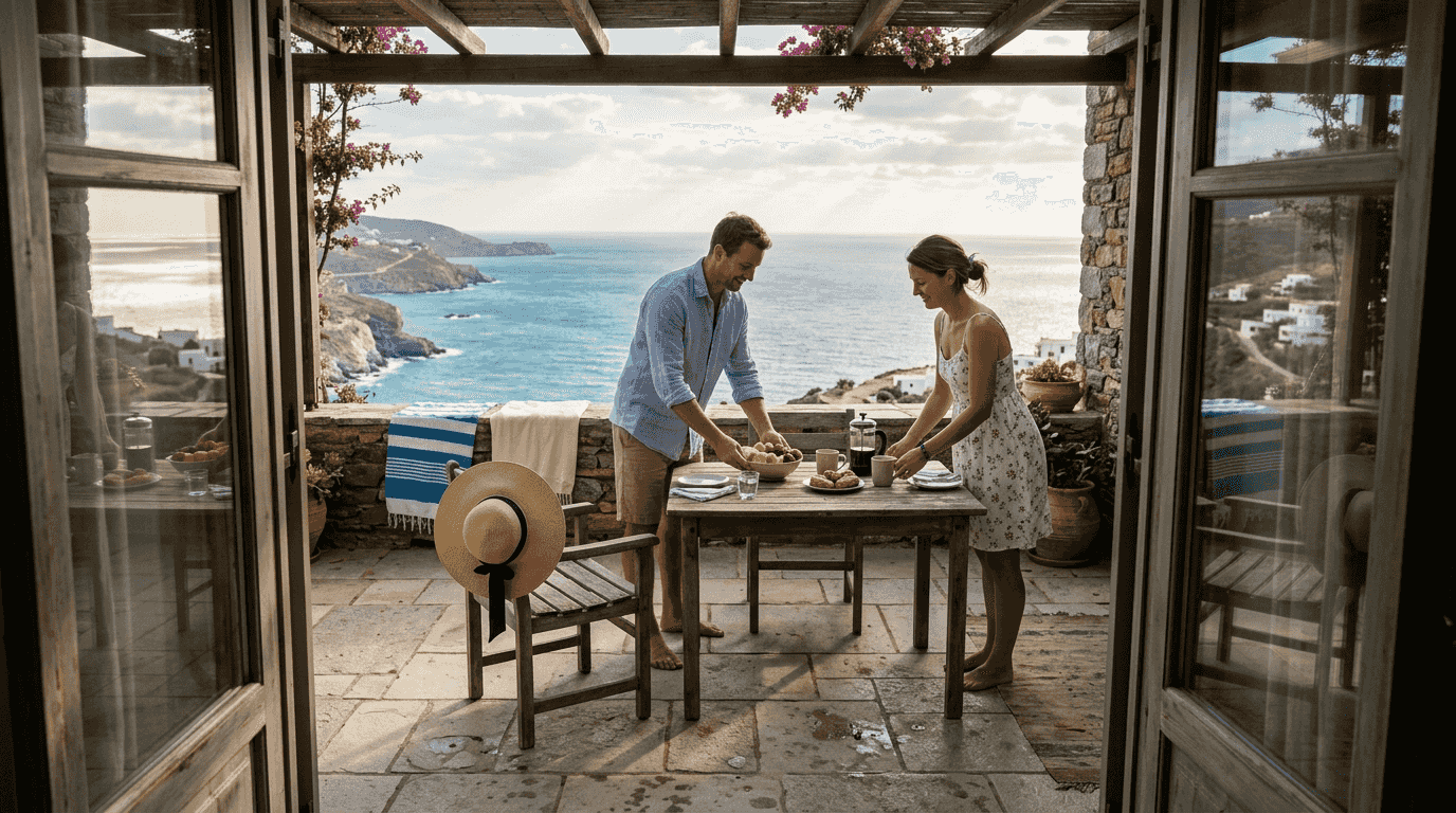 Couple enjoys breakfast at private villa
